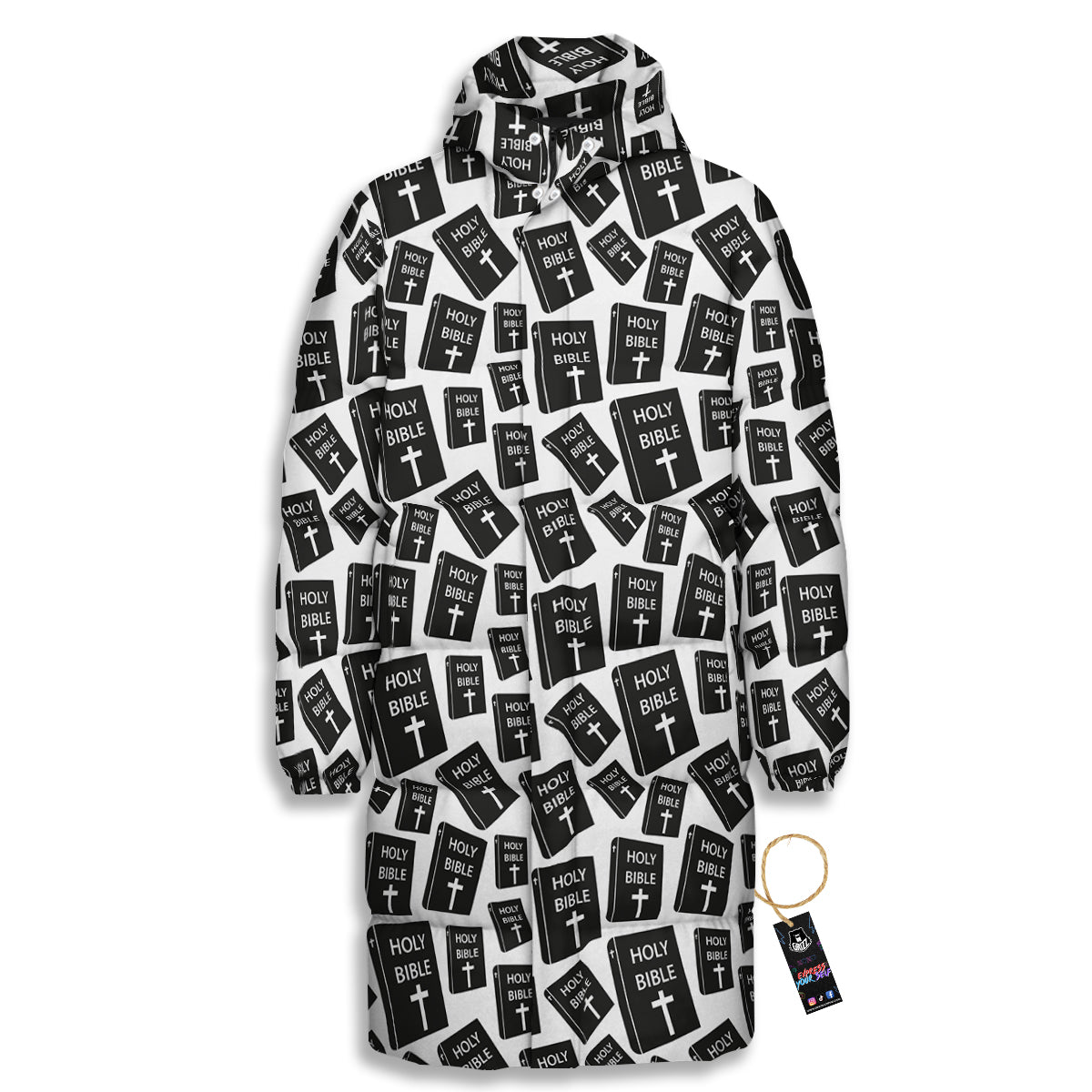 Holy Bible Christian Black Print Pattern Long Down Jacket