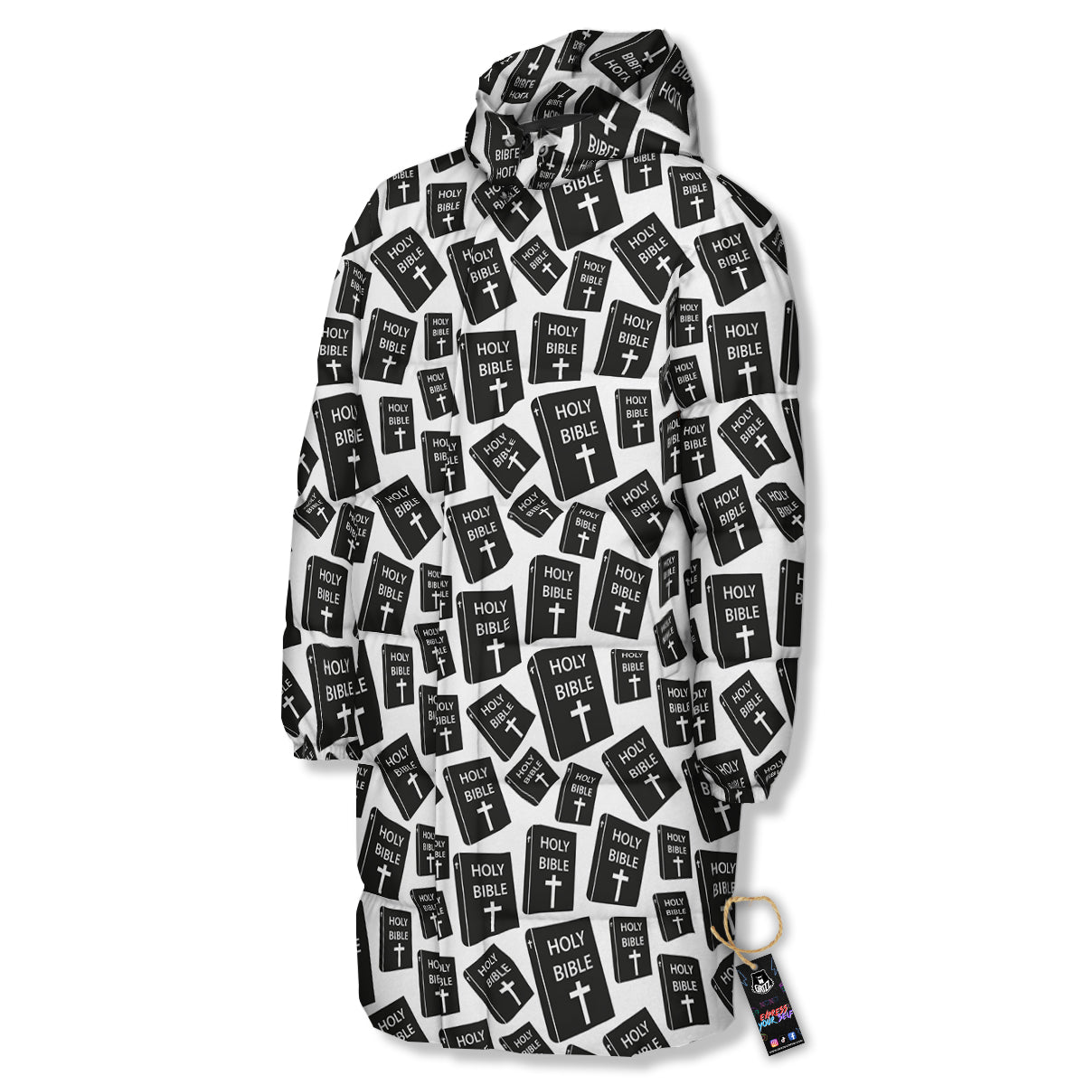 Holy Bible Christian Black Print Pattern Long Down Jacket