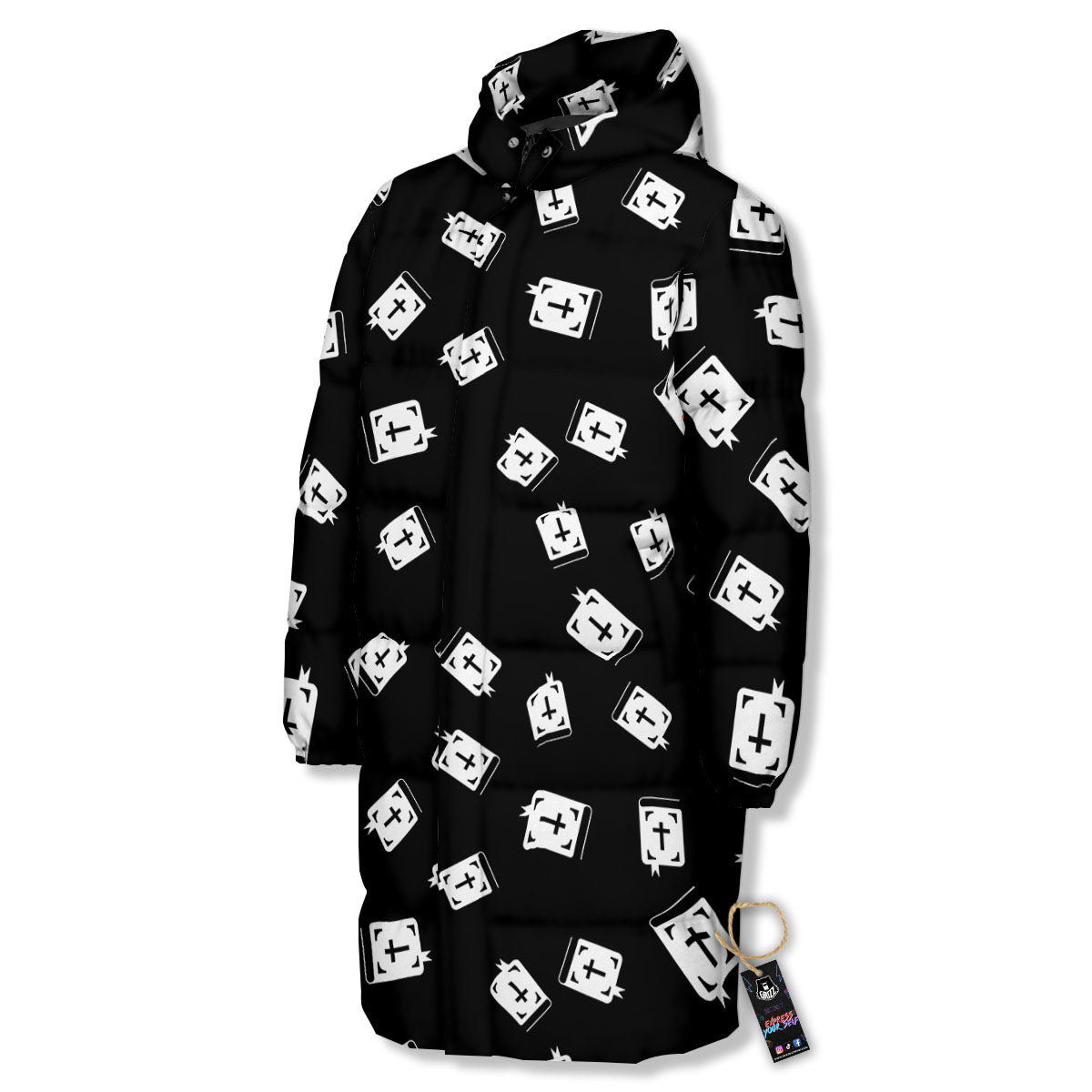 Holy Bible White And Black Print Pattern Long Down Jacket