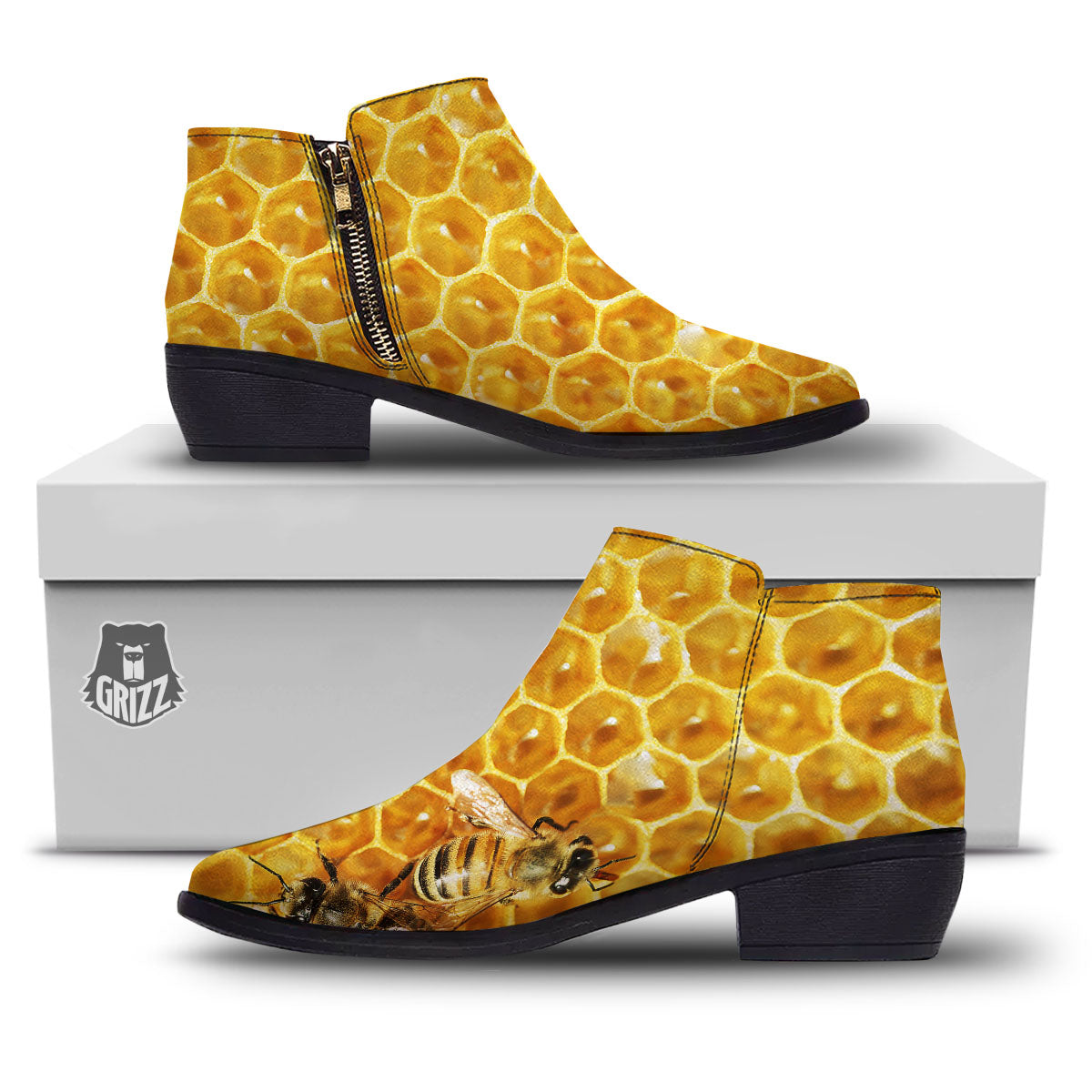 Honeycomb And Bees Print Ankle Boots-grizzshop