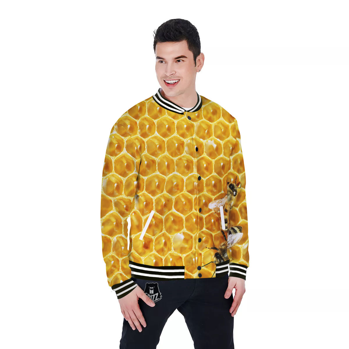 Honeycomb And Bees Print Baseball Jacket-grizzshop