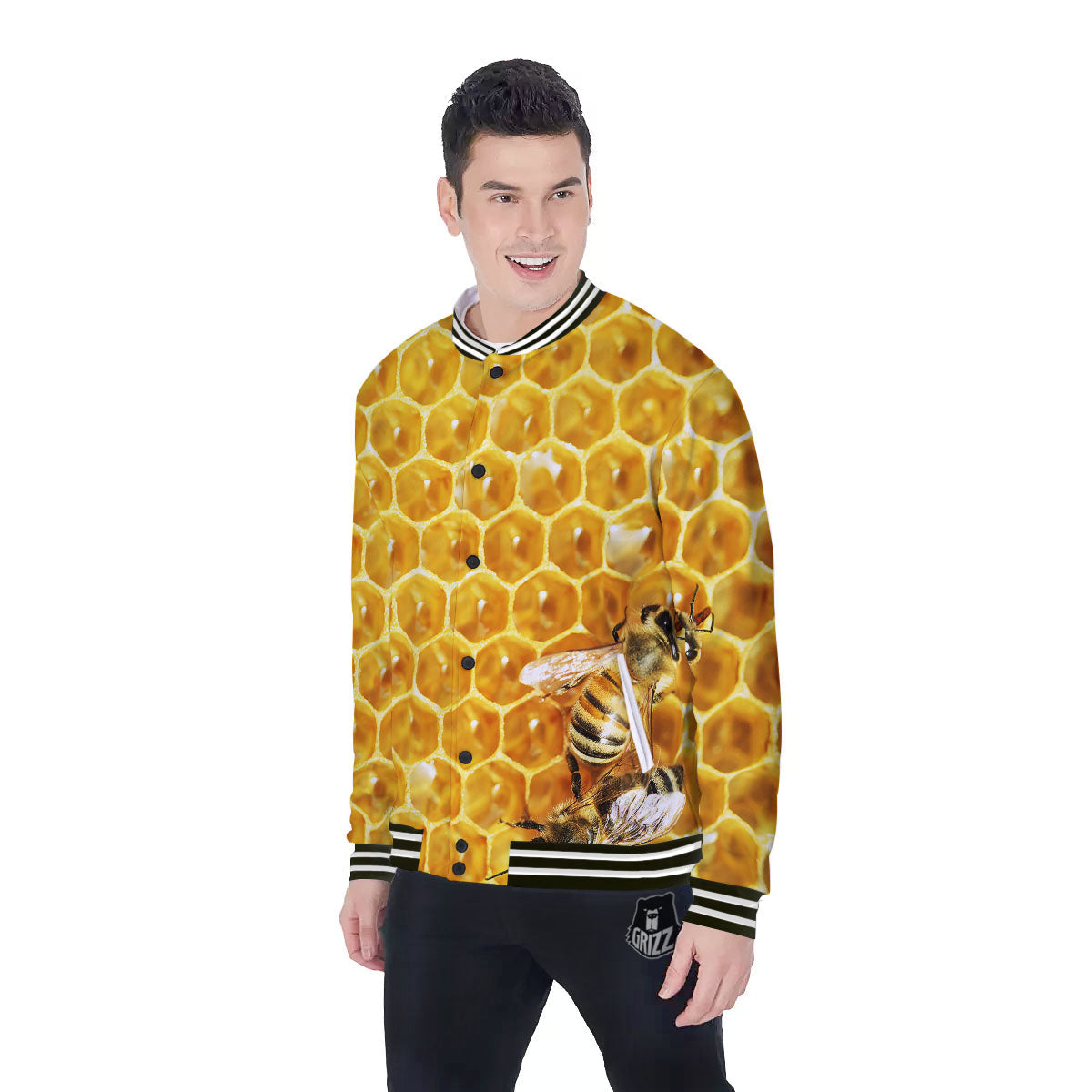 Honeycomb And Bees Print Baseball Jacket-grizzshop