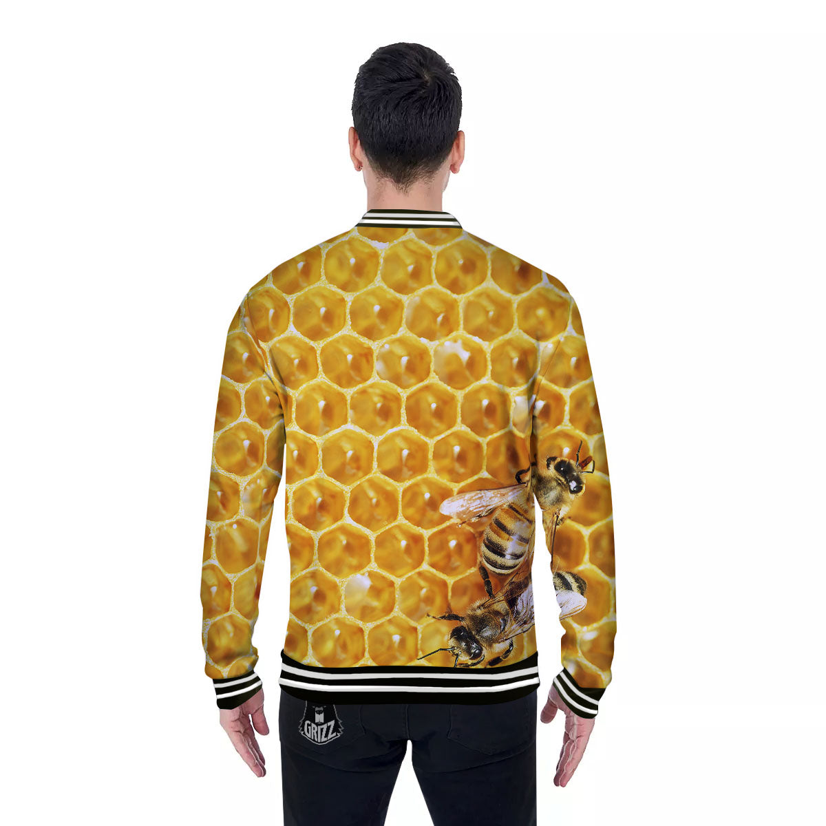 Honeycomb And Bees Print Baseball Jacket-grizzshop