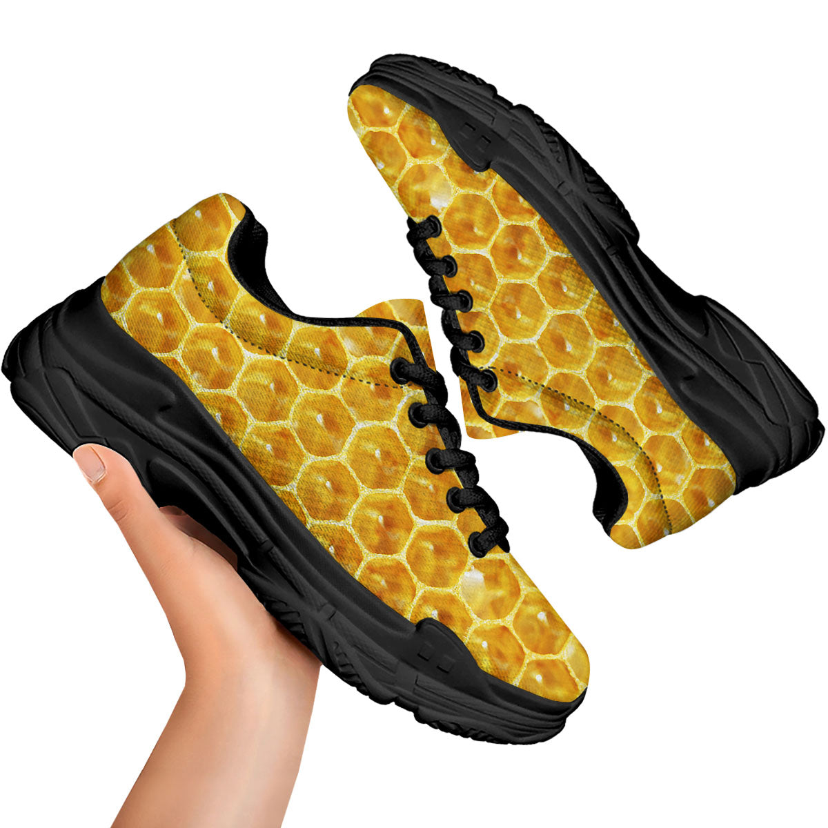 Honeycomb And Bees Print Black Chunky Shoes-grizzshop
