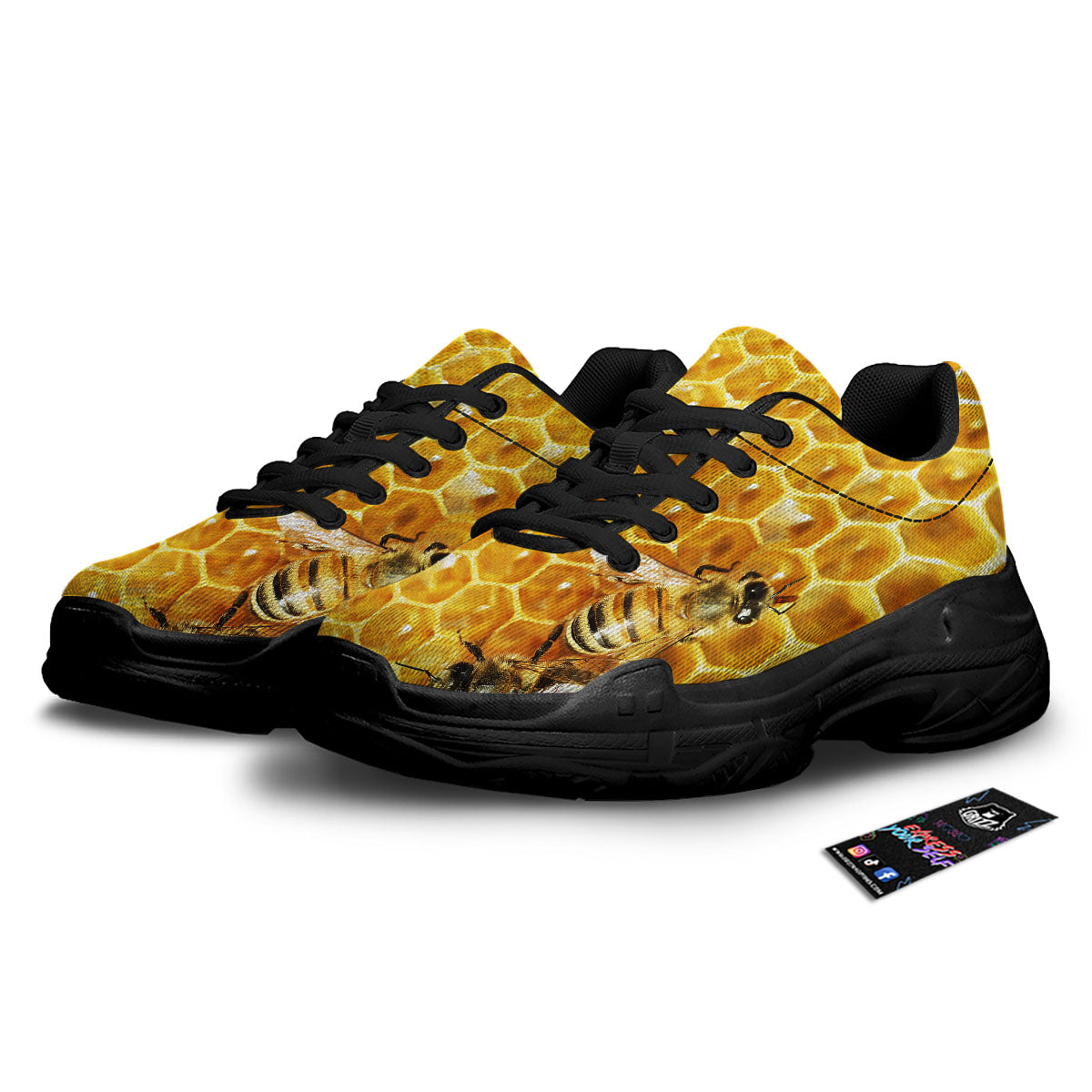 Honeycomb And Bees Print Black Chunky Shoes-grizzshop