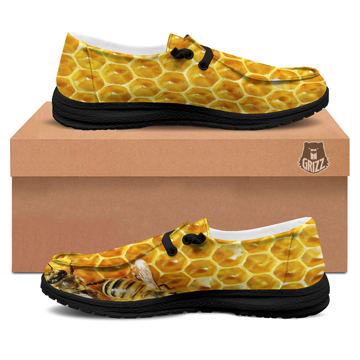 Honeycomb And Bees Print Black Loafers-grizzshop