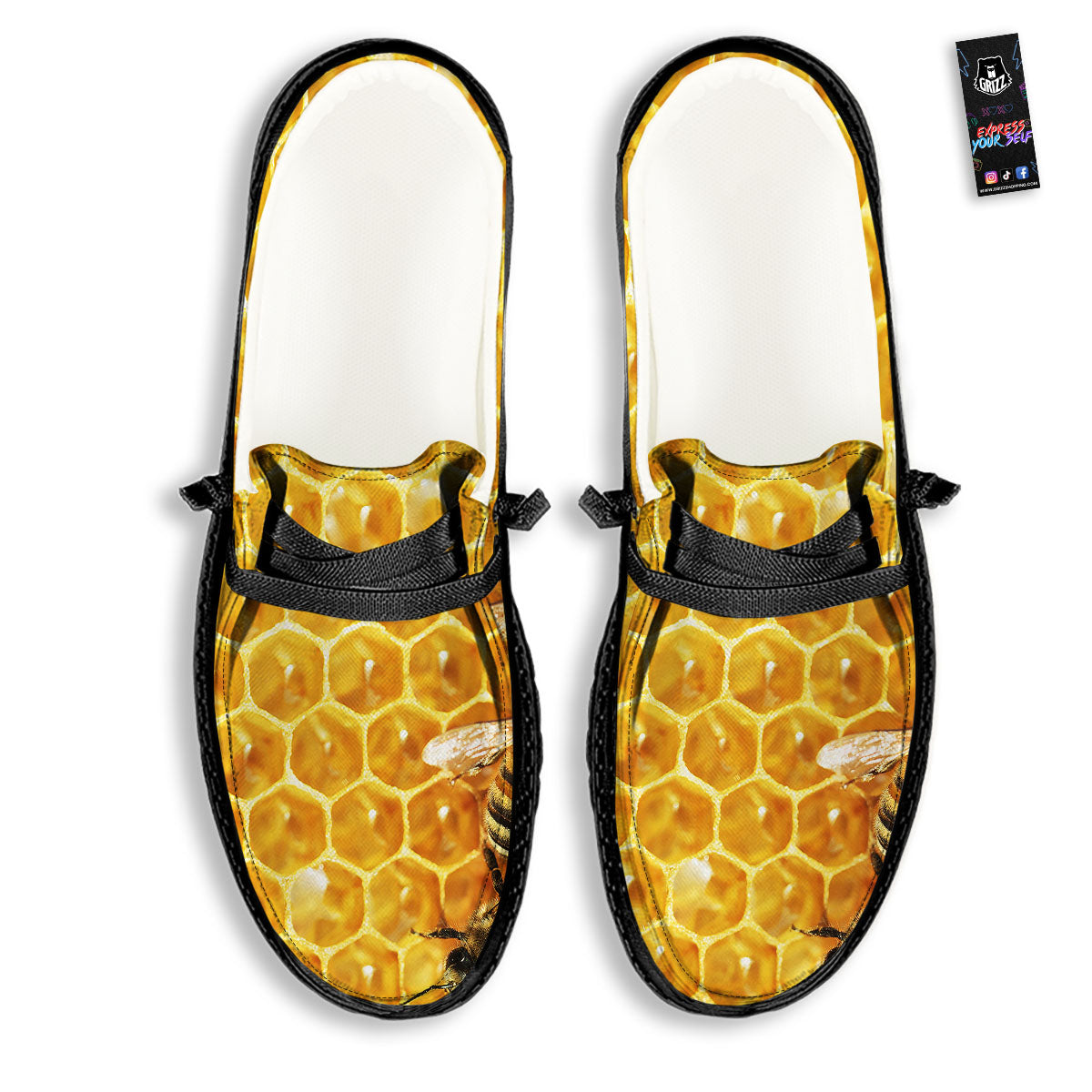 Honeycomb And Bees Print Black Loafers-grizzshop