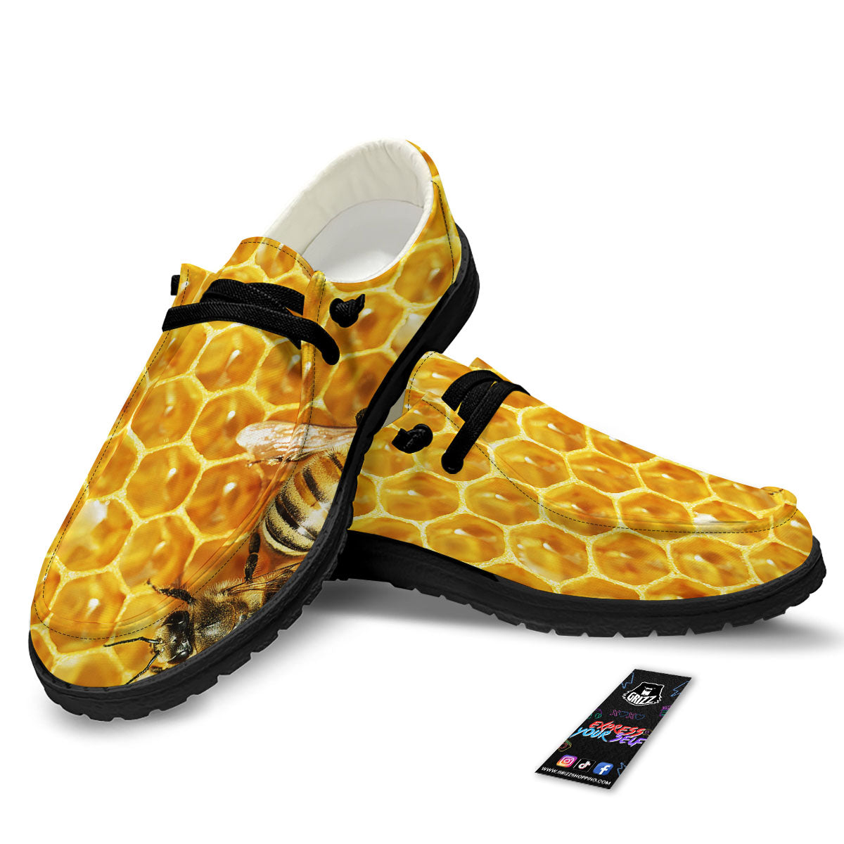 Honeycomb And Bees Print Black Loafers-grizzshop