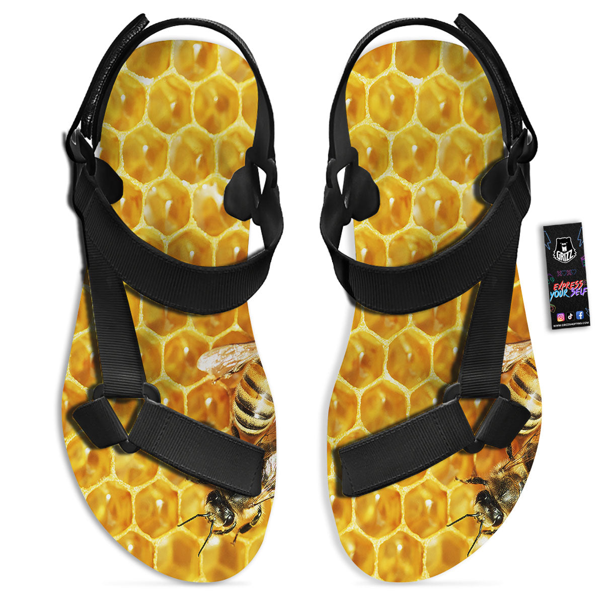 Honeycomb And Bees Print Black Open Toe Sandals-grizzshop