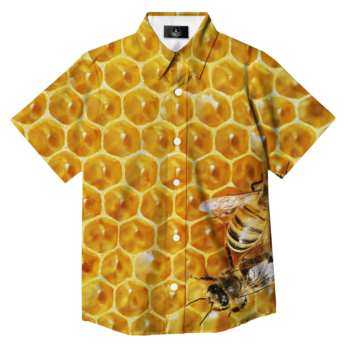 Honeycomb And Bees Print Button Up Shirt-grizzshop