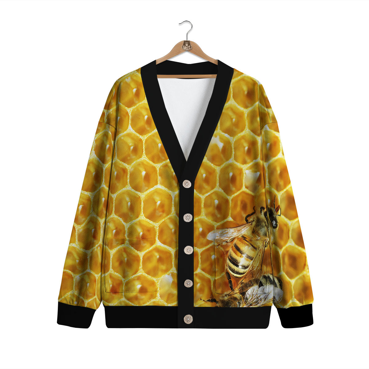 Honeycomb And Bees Print Cardigan-grizzshop