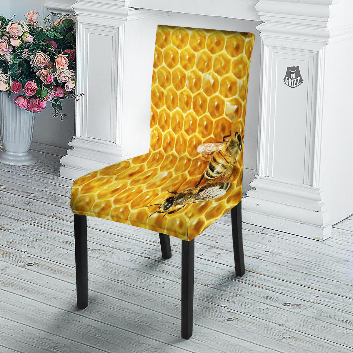 Honeycomb And Bees Print Dining Chair Slipcover-grizzshop