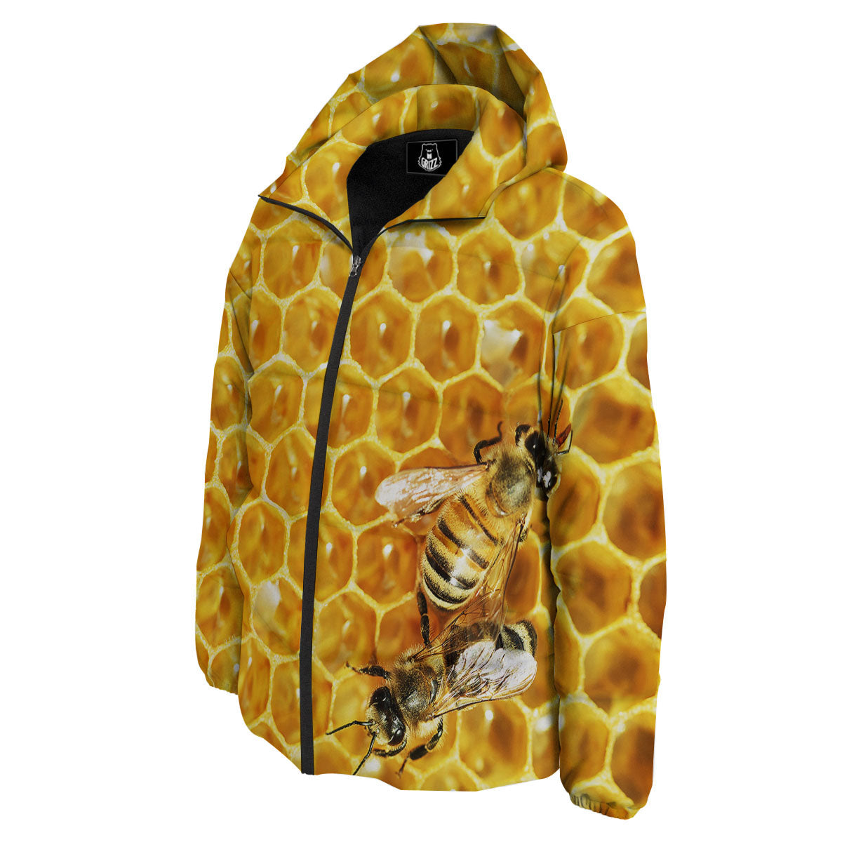 Honeycomb And Bees Print Down Jacket-grizzshop