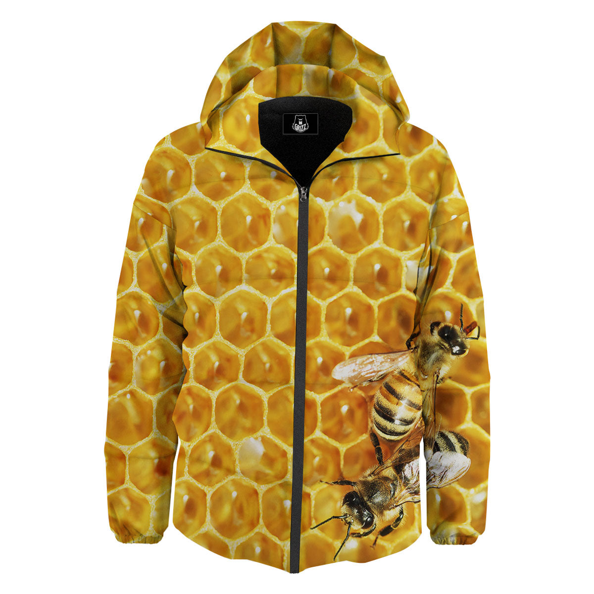 Honeycomb And Bees Print Down Jacket-grizzshop
