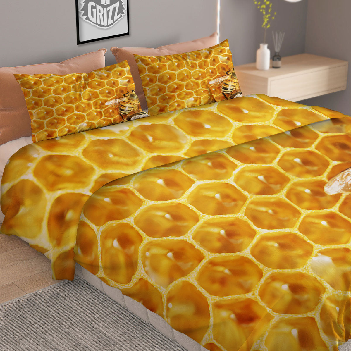 Honeycomb And Bees Print Duvet Cover Bedding Set