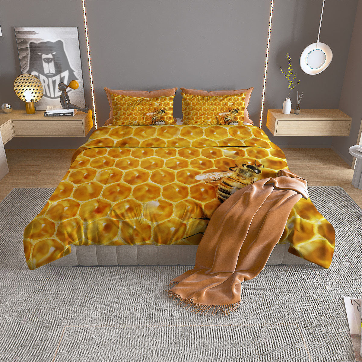 Honeycomb And Bees Print Duvet Cover Bedding Set