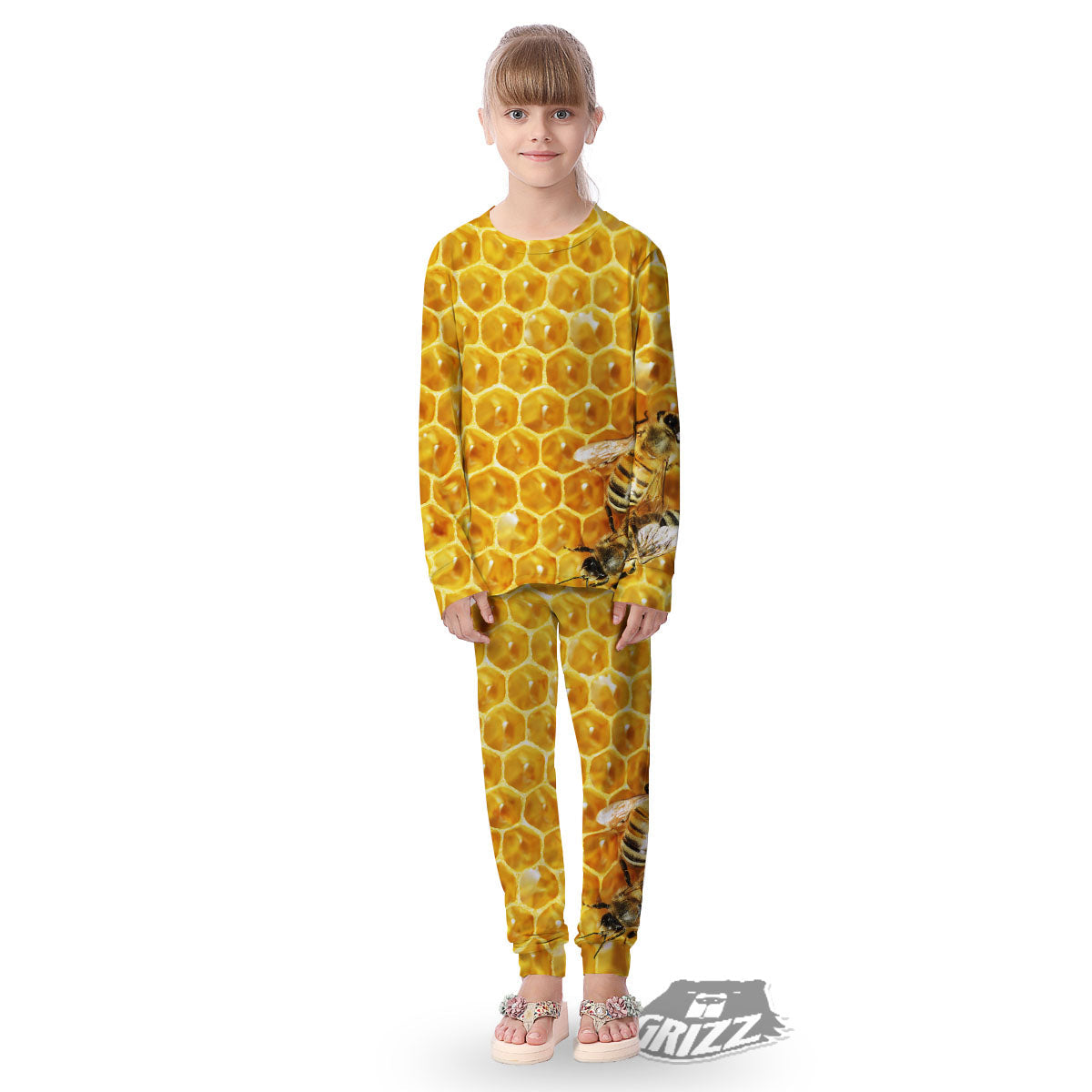 Honeycomb And Bees Print Kid's Pajamas-grizzshop