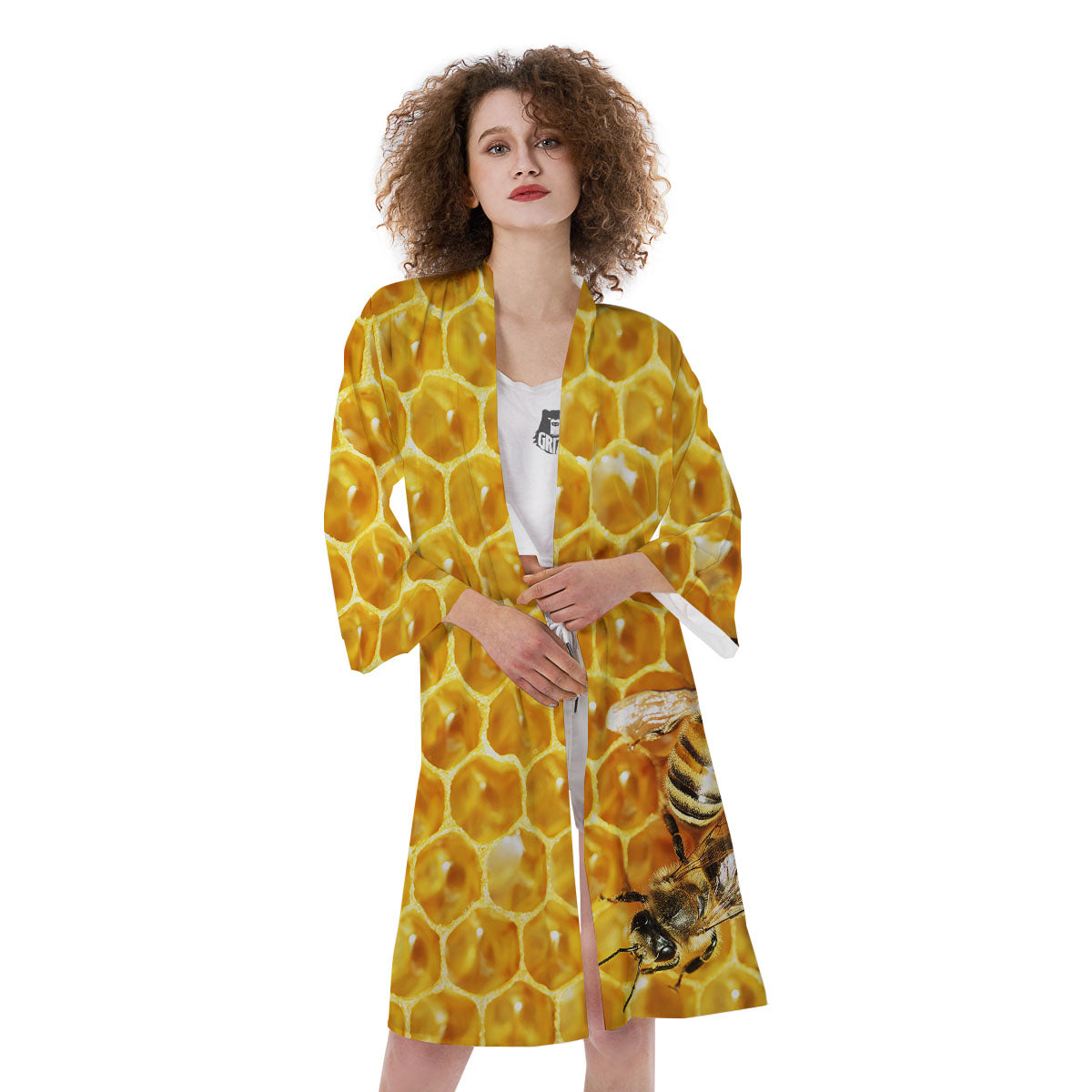 Honeycomb And Bees Print Kimono-grizzshop