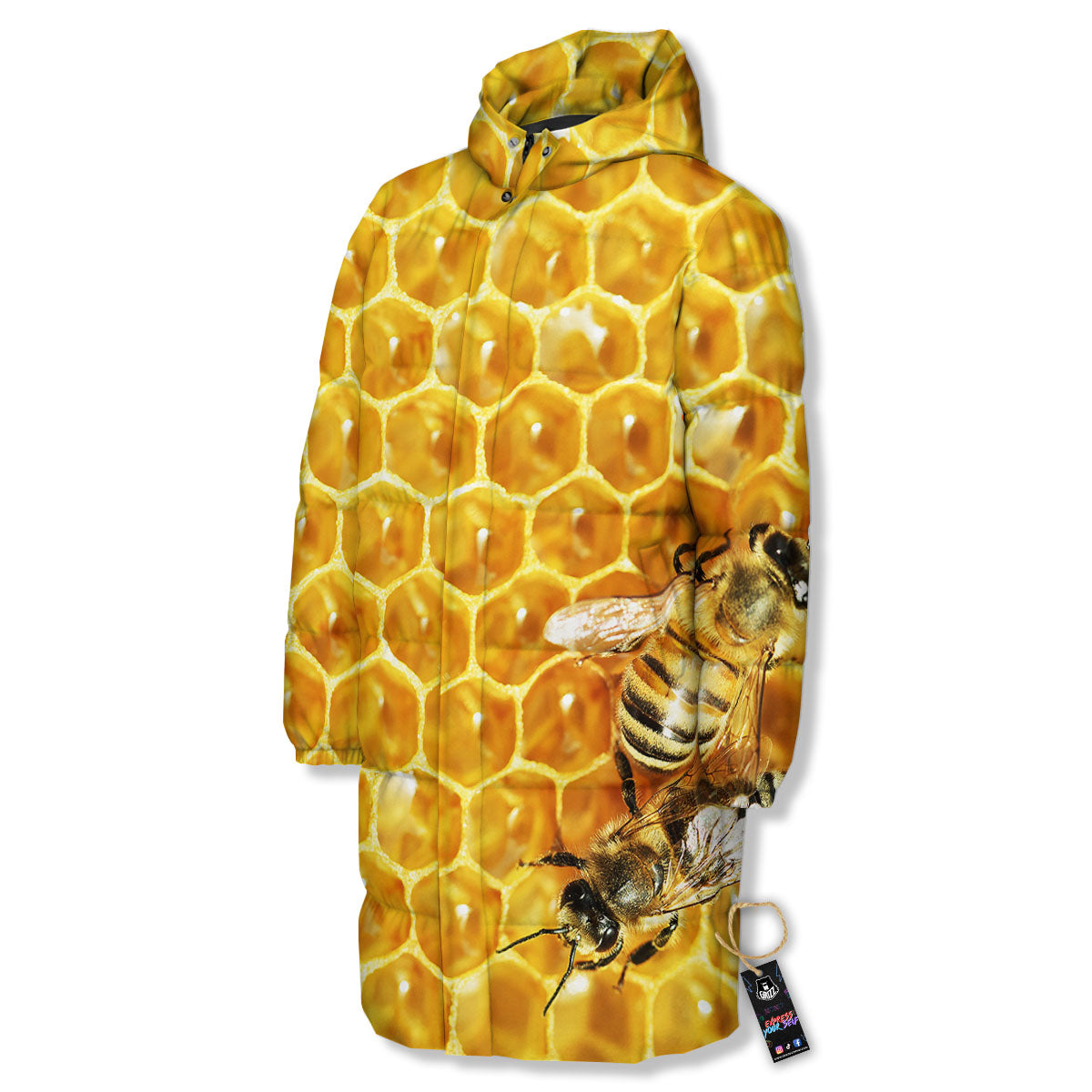 Honeycomb And Bees Print Long Down Jacket-grizzshop