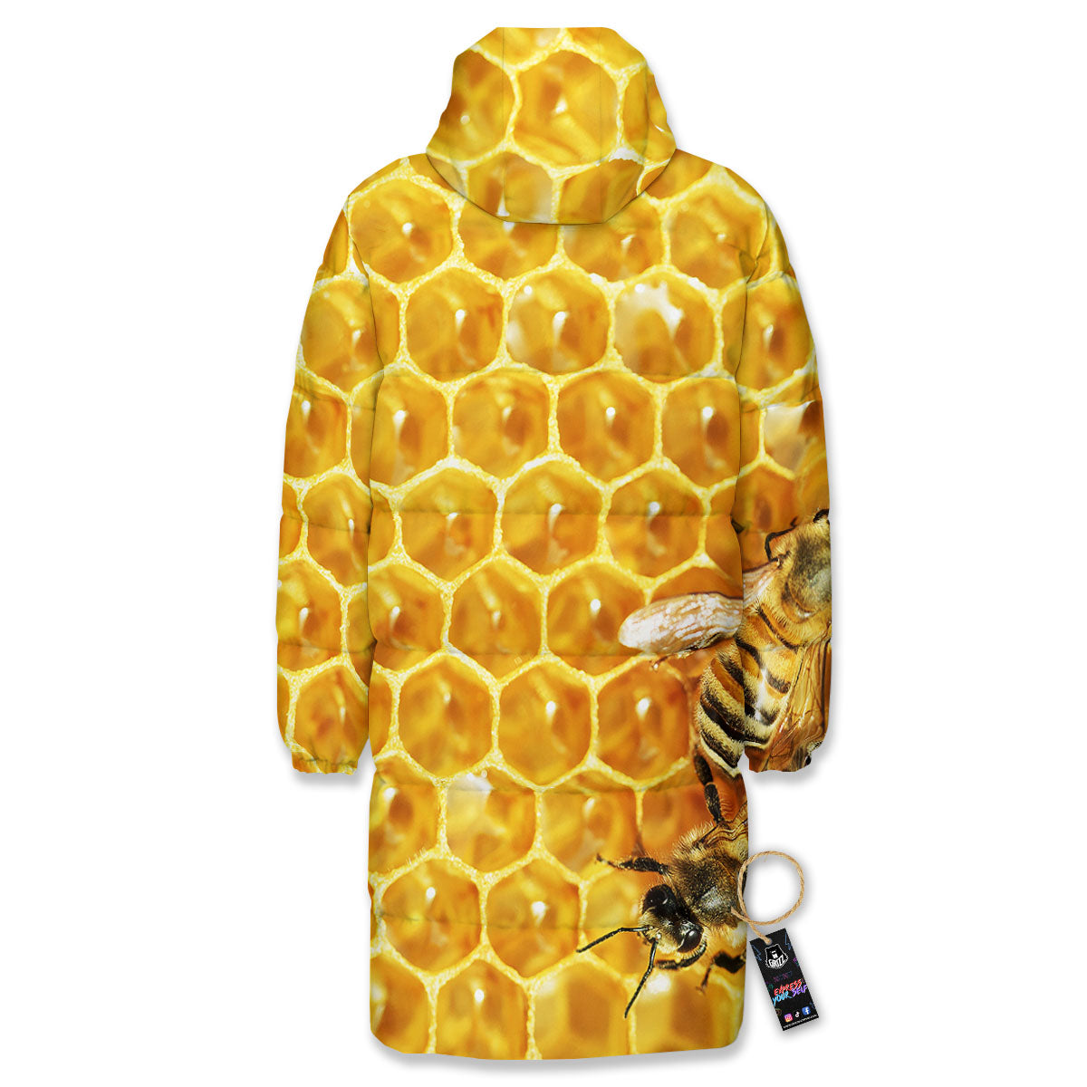Honeycomb And Bees Print Long Down Jacket-grizzshop