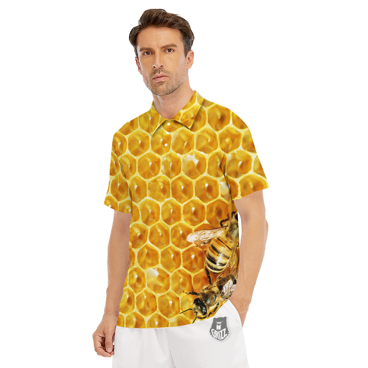 Honeycomb And Bees Print Men's Golf Shirts-grizzshop