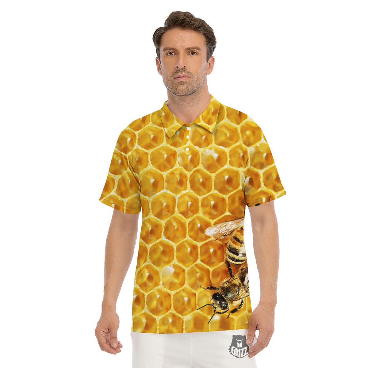 Honeycomb And Bees Print Men's Golf Shirts-grizzshop