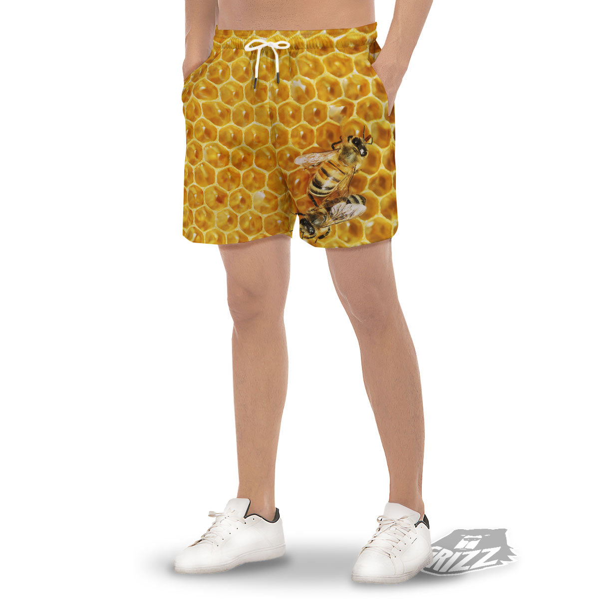 Honeycomb And Bees Print Men's Gym Shorts-grizzshop