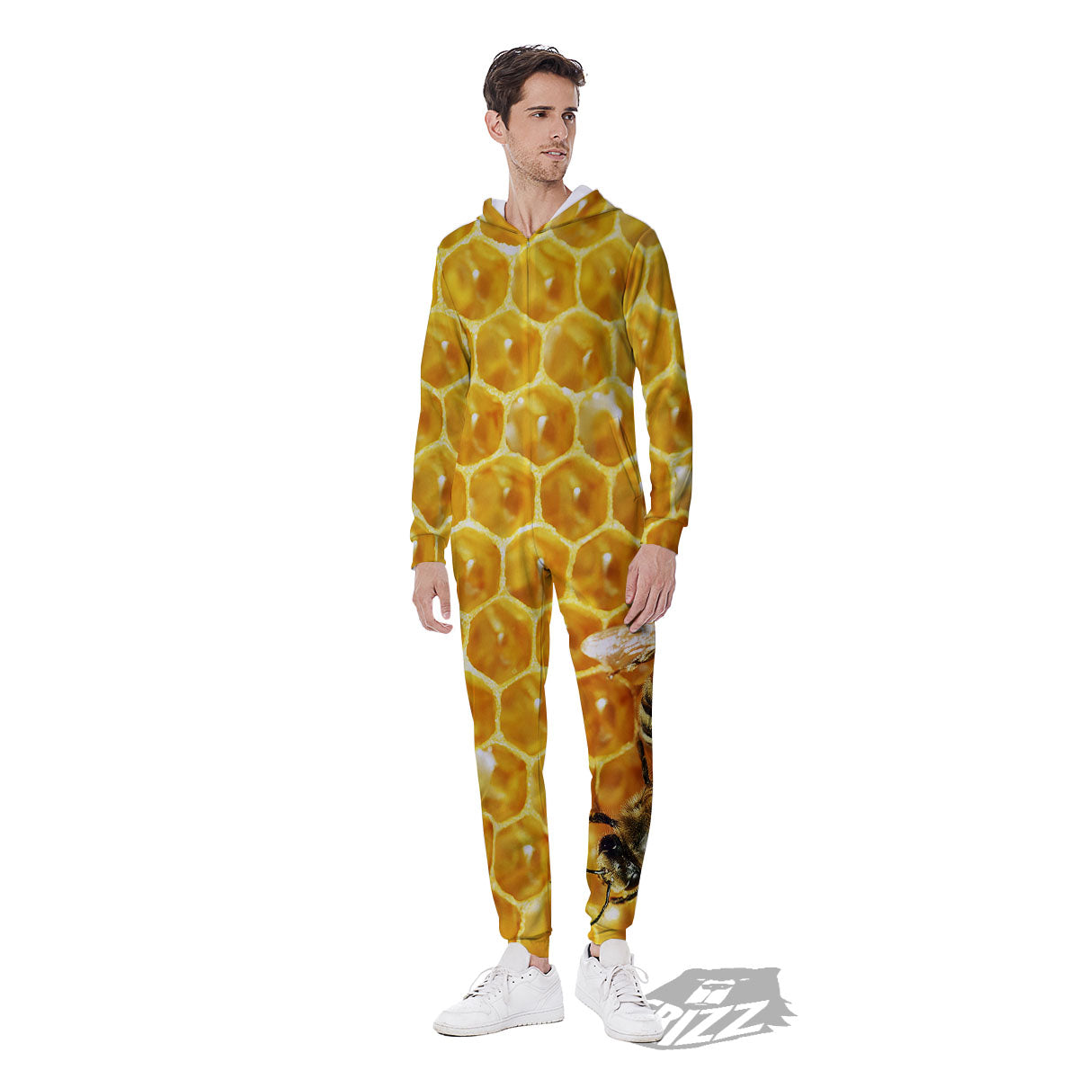 Honeycomb And Bees Print Men's Jumpsuit-grizzshop