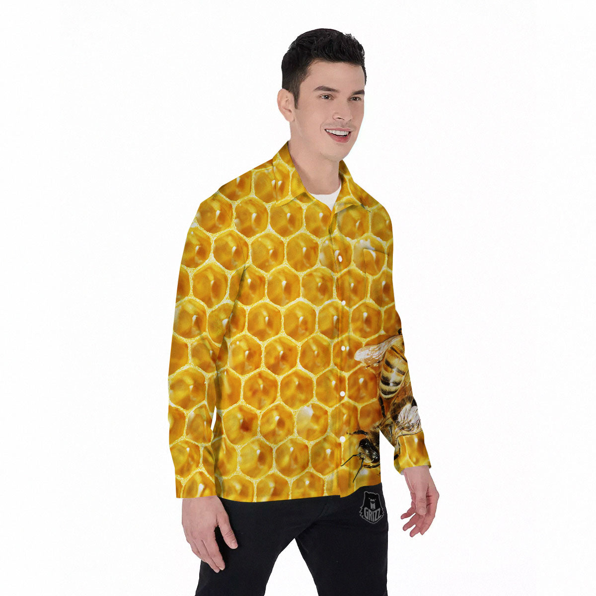Honeycomb And Bees Print Men's Long Sleeve Shirts-grizzshop