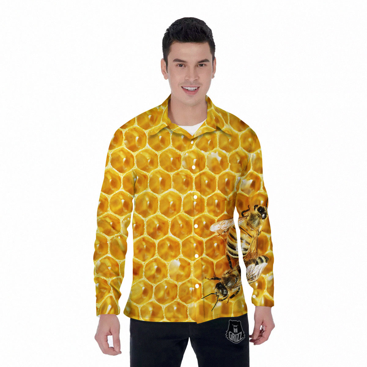 Honeycomb And Bees Print Men's Long Sleeve Shirts-grizzshop