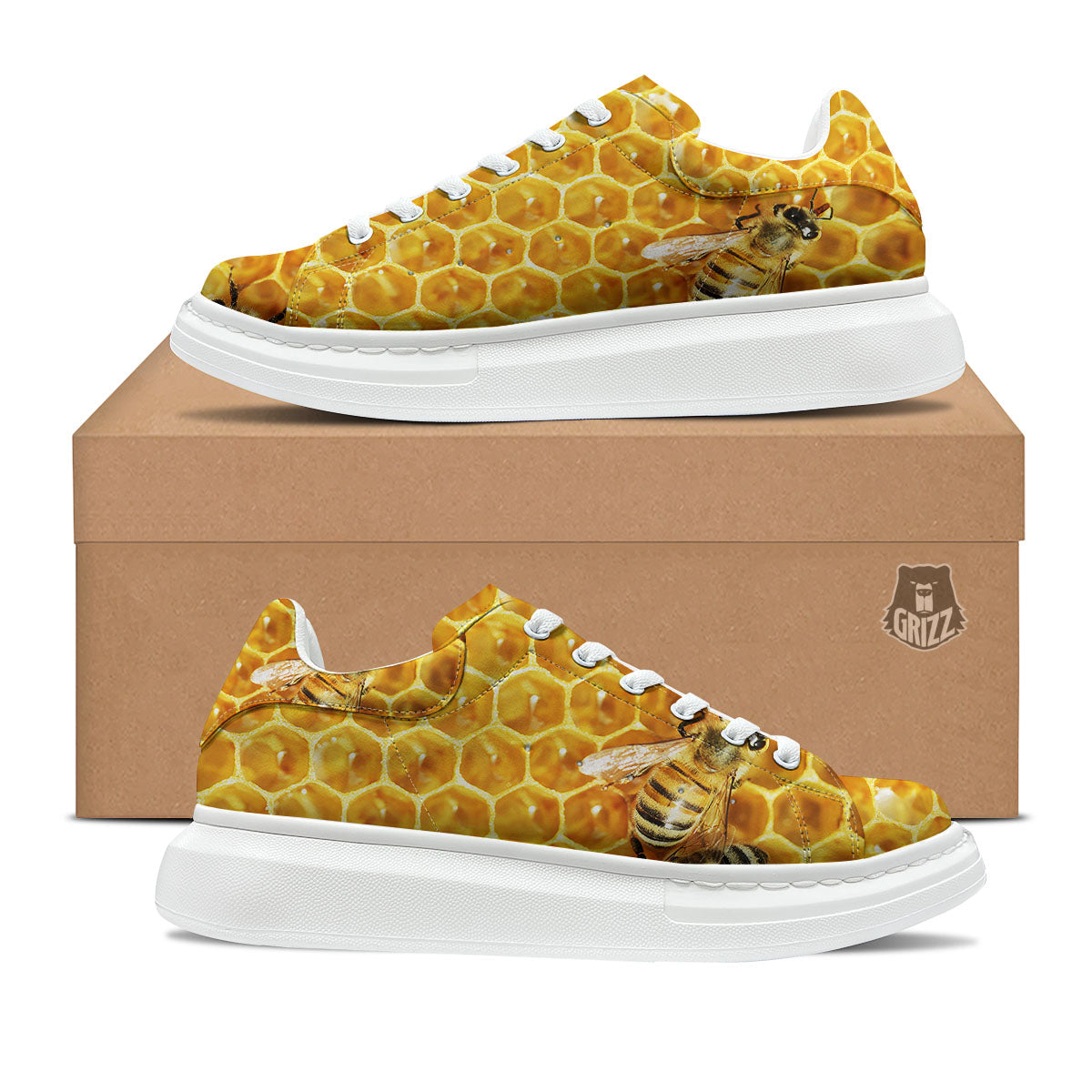 Honeycomb And Bees Print Platform Shoes-grizzshop