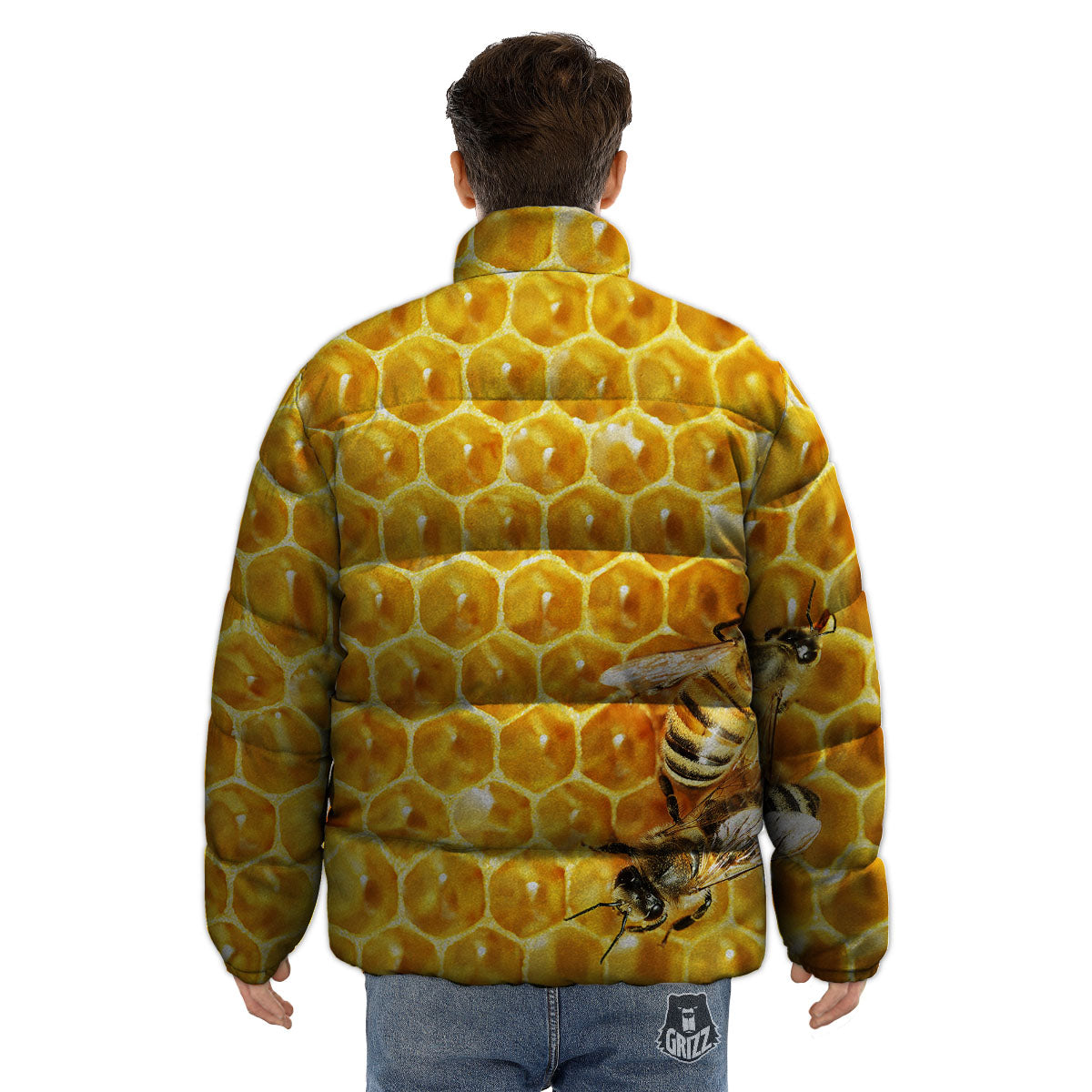 Honeycomb And Bees Print Puffer Jacket-grizzshop