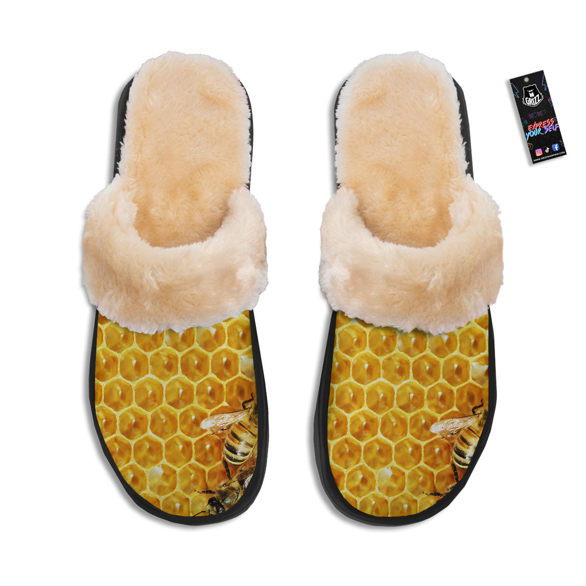 Honeycomb And Bees Print Slippers-grizzshop