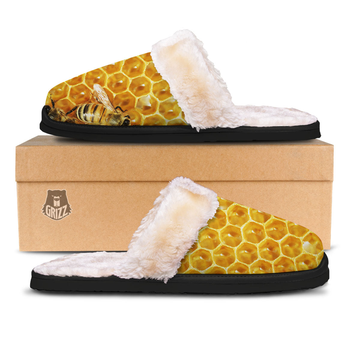 Honeycomb And Bees Print Slippers-grizzshop