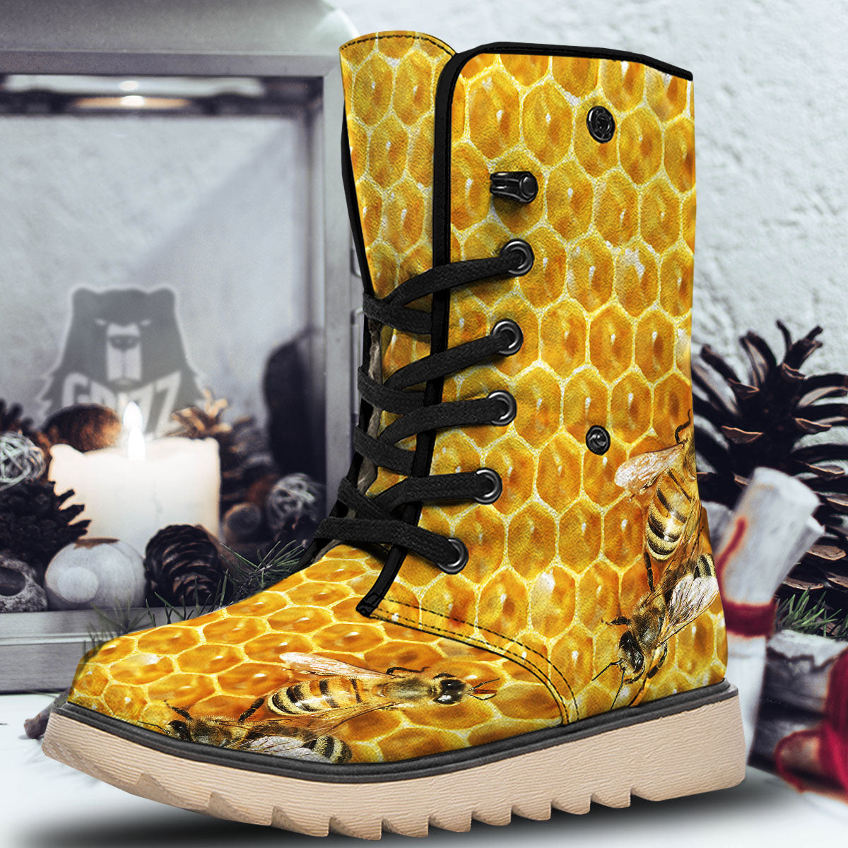 Honeycomb And Bees Print Snow Boots-grizzshop