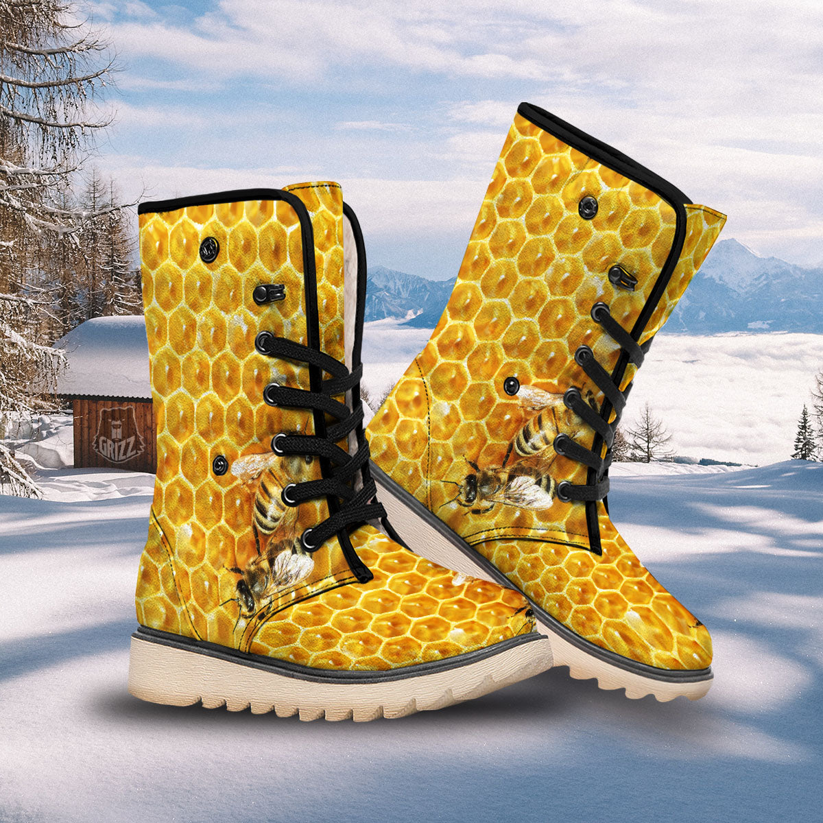 Honeycomb And Bees Print Snow Boots-grizzshop