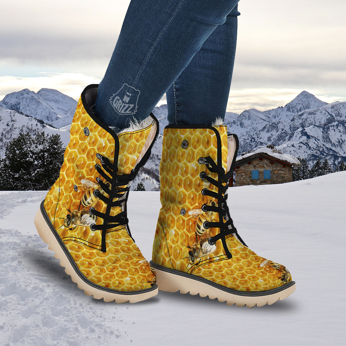 Honeycomb And Bees Print Snow Boots-grizzshop