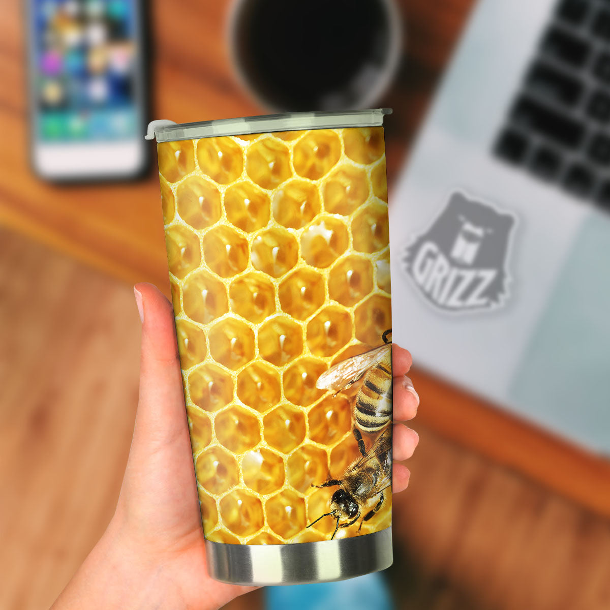 Honeycomb And Bees Print Tumbler-grizzshop