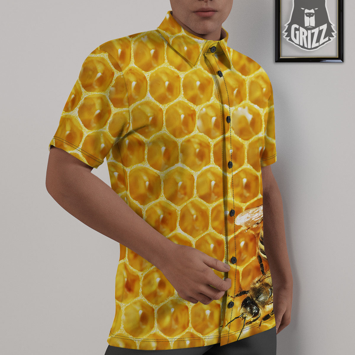 Honeycomb And Bees Print Untucked Shirts-grizzshop