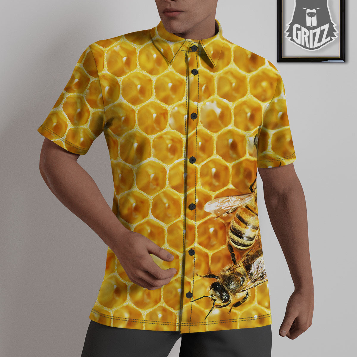 Honeycomb And Bees Print Untucked Shirts-grizzshop