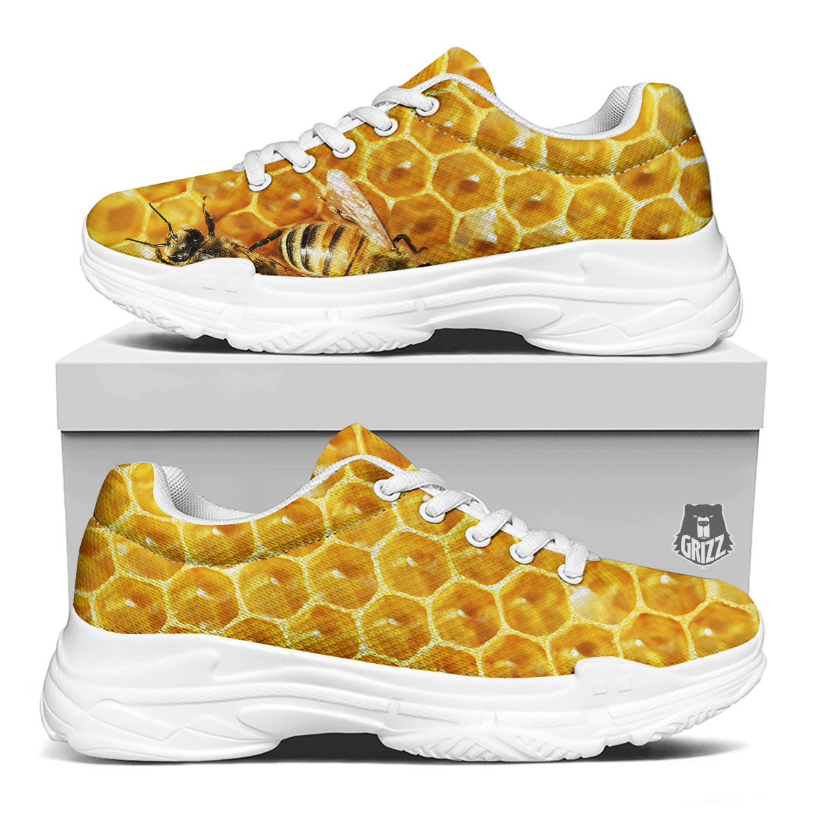 Honeycomb And Bees Print White Chunky Shoes-grizzshop