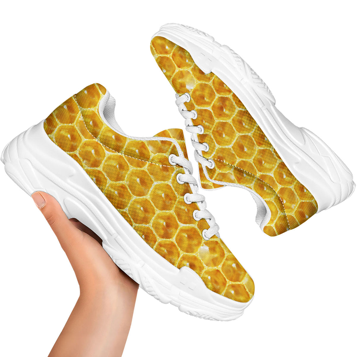 Honeycomb And Bees Print White Chunky Shoes-grizzshop
