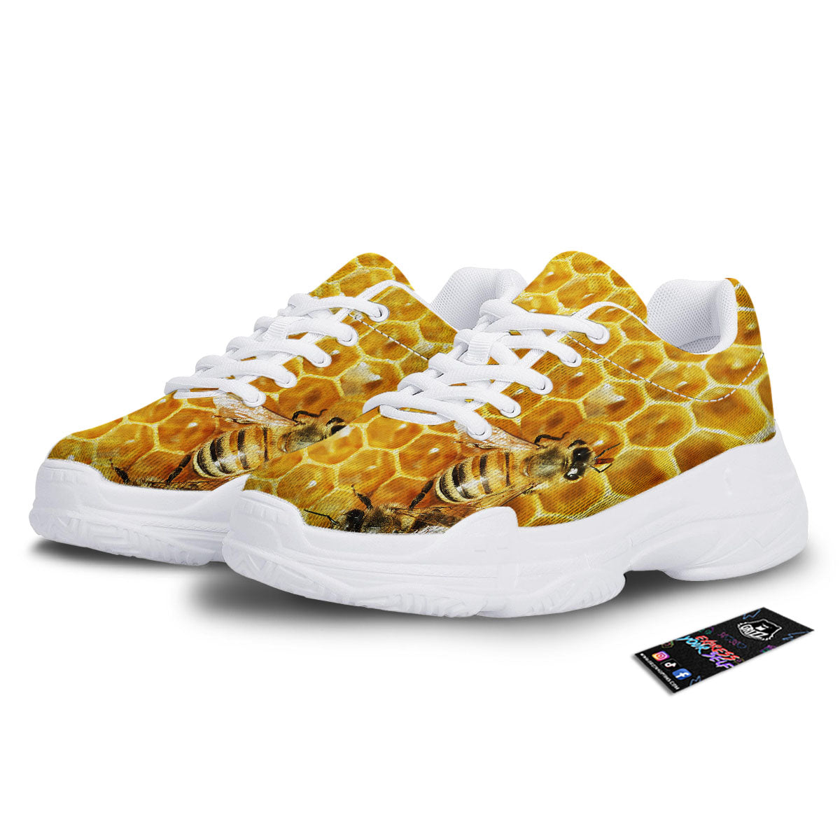 Honeycomb And Bees Print White Chunky Shoes-grizzshop