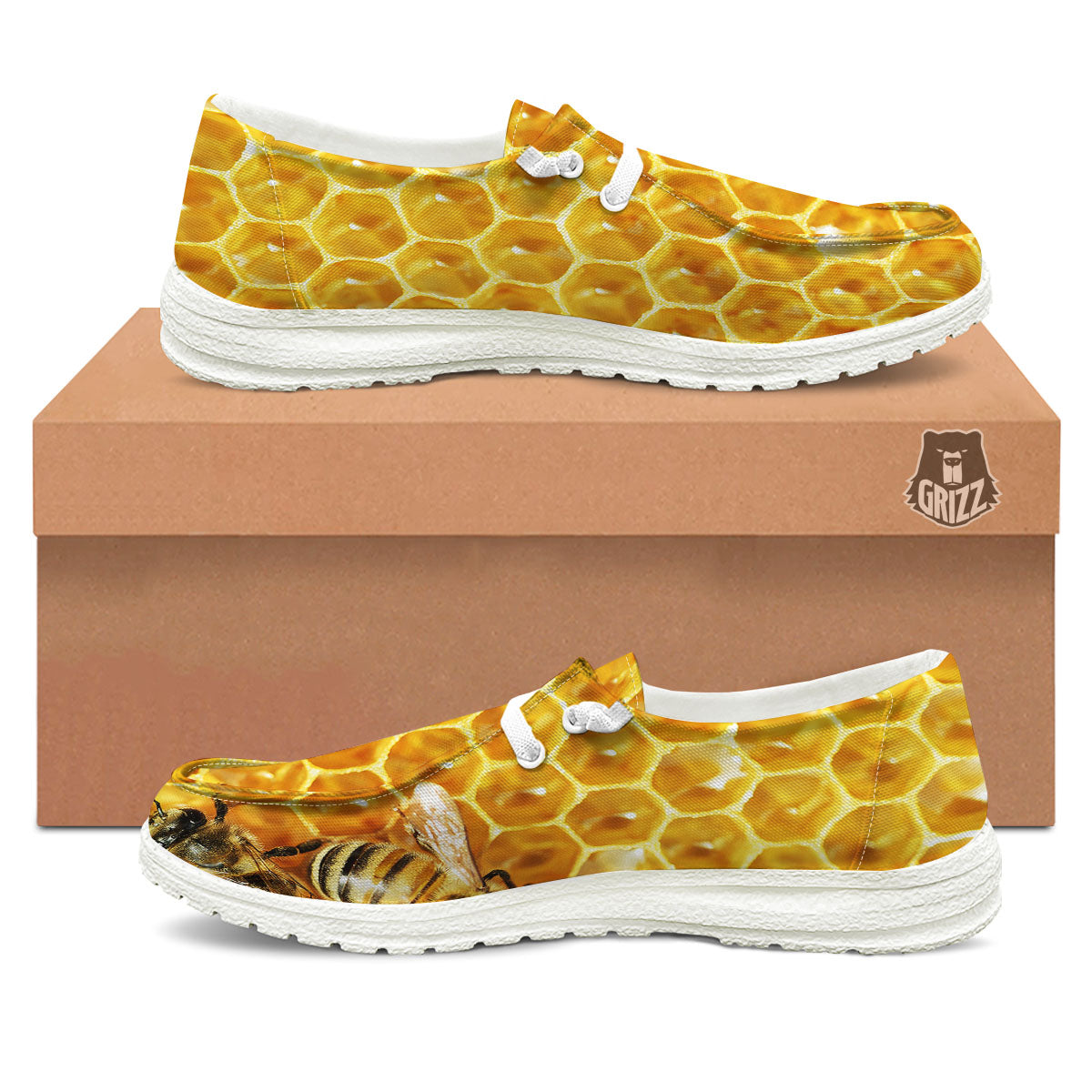 Honeycomb And Bees Print White Loafers-grizzshop