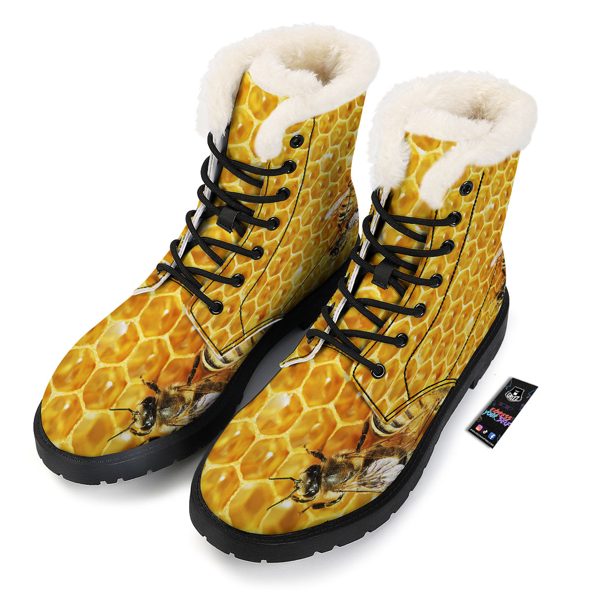 Honeycomb And Bees Print Winter Boots-grizzshop