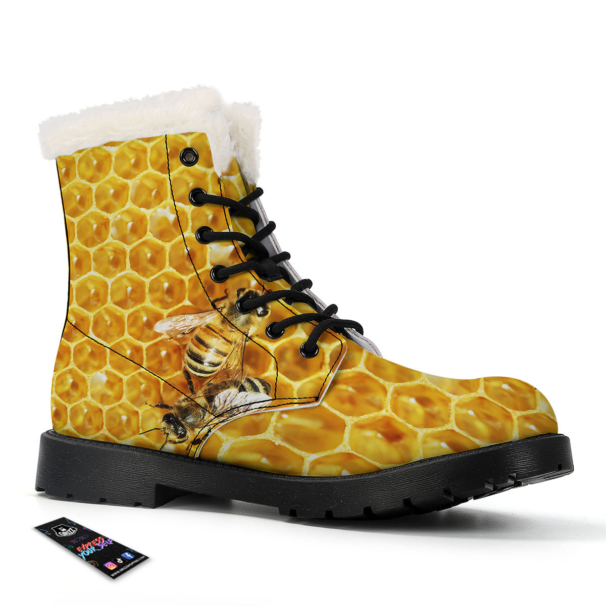 Honeycomb And Bees Print Winter Boots-grizzshop