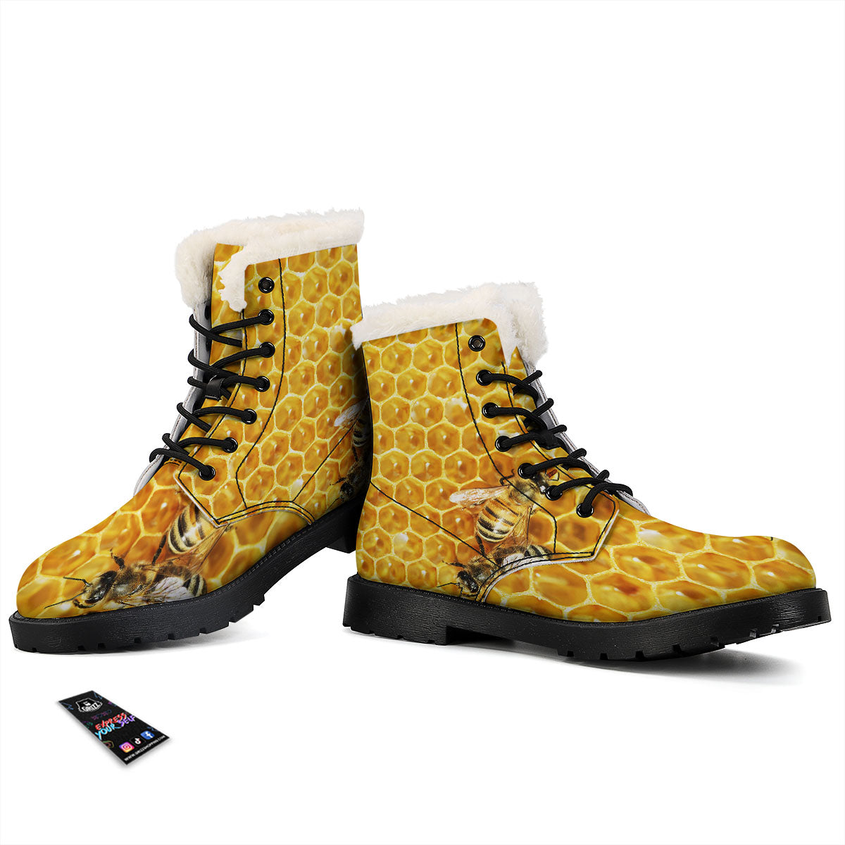 Honeycomb And Bees Print Winter Boots-grizzshop