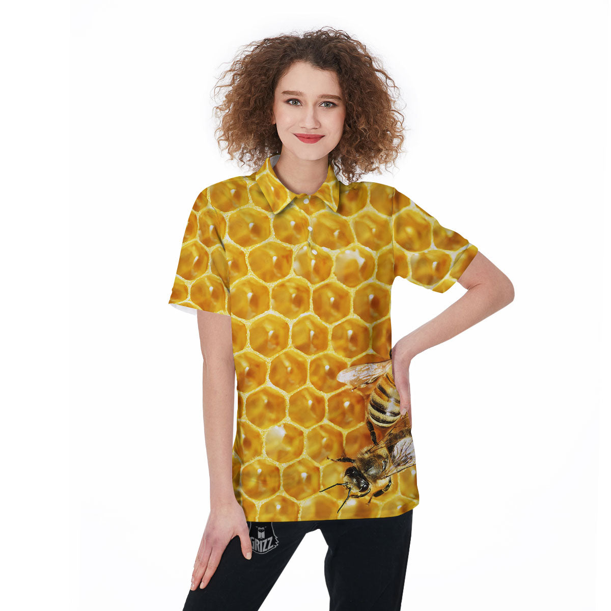 Honeycomb And Bees Print Women's Golf Shirts-grizzshop