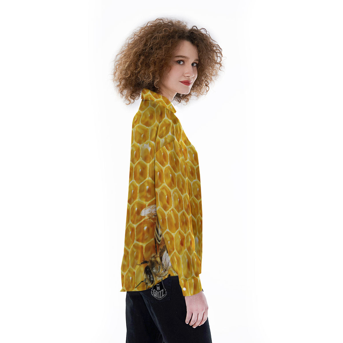 Honeycomb And Bees Print Women's Long Sleeve Shirts-grizzshop