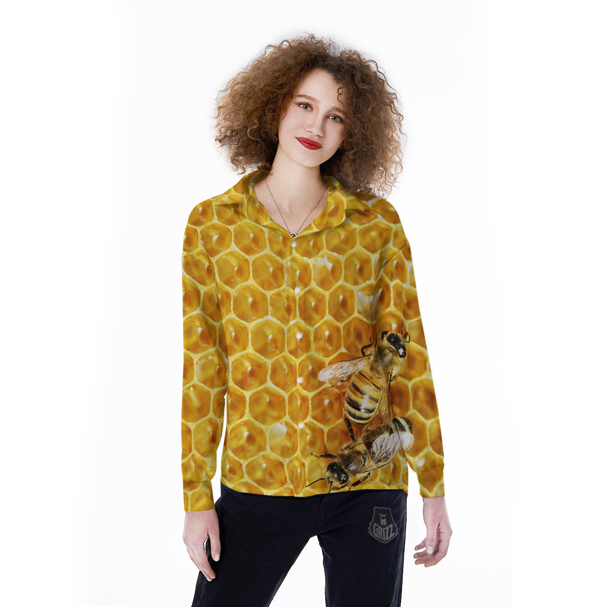 Honeycomb And Bees Print Women's Long Sleeve Shirts-grizzshop
